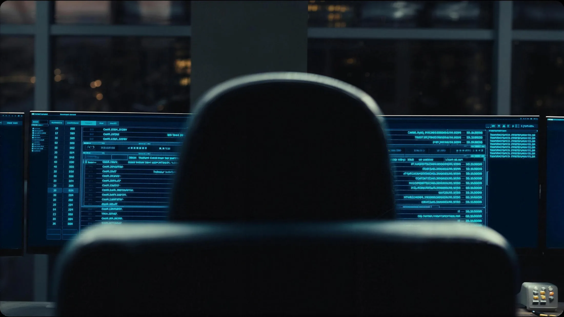 An empty operator chair facing dual monitors with a glowing device list, dusk city skyline outside the window