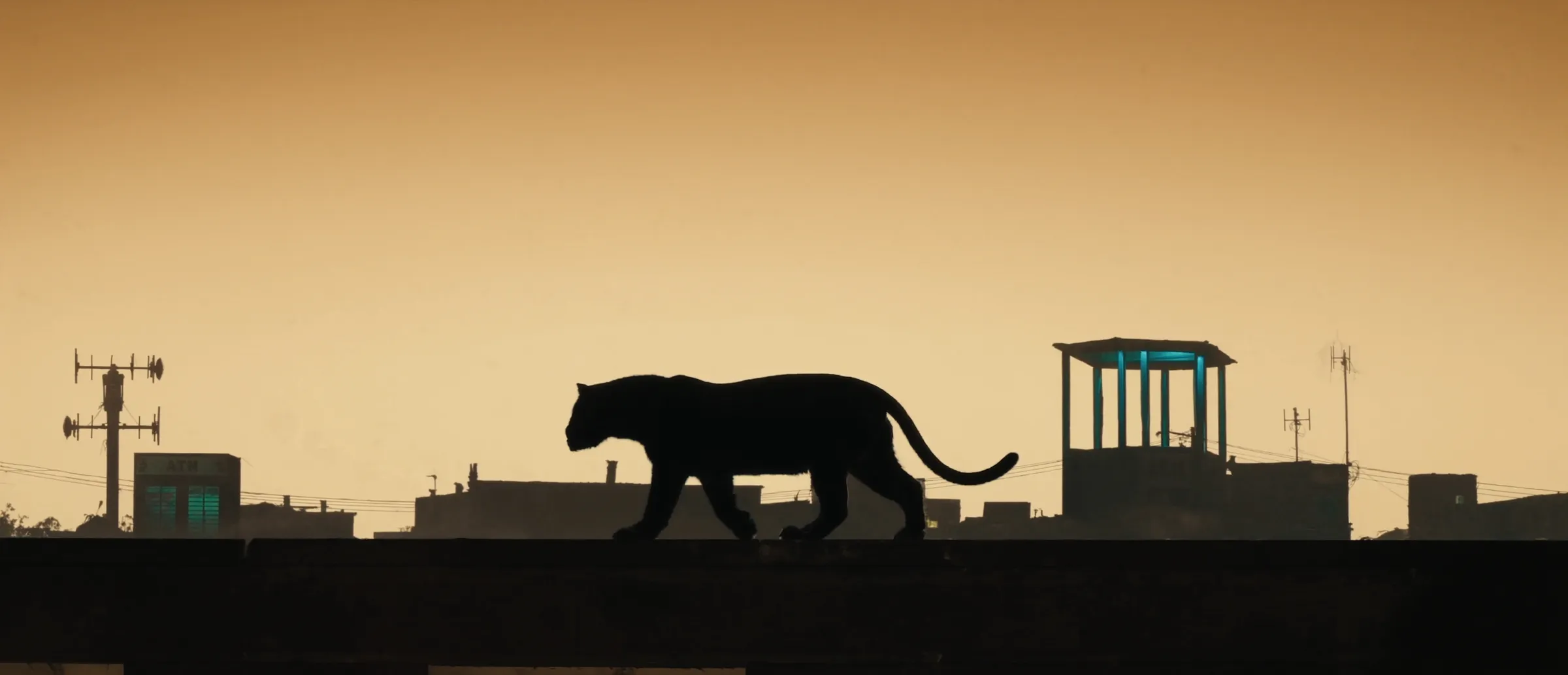 A panther walking a rooftop line above a skyline of kiosks and machines at dusk