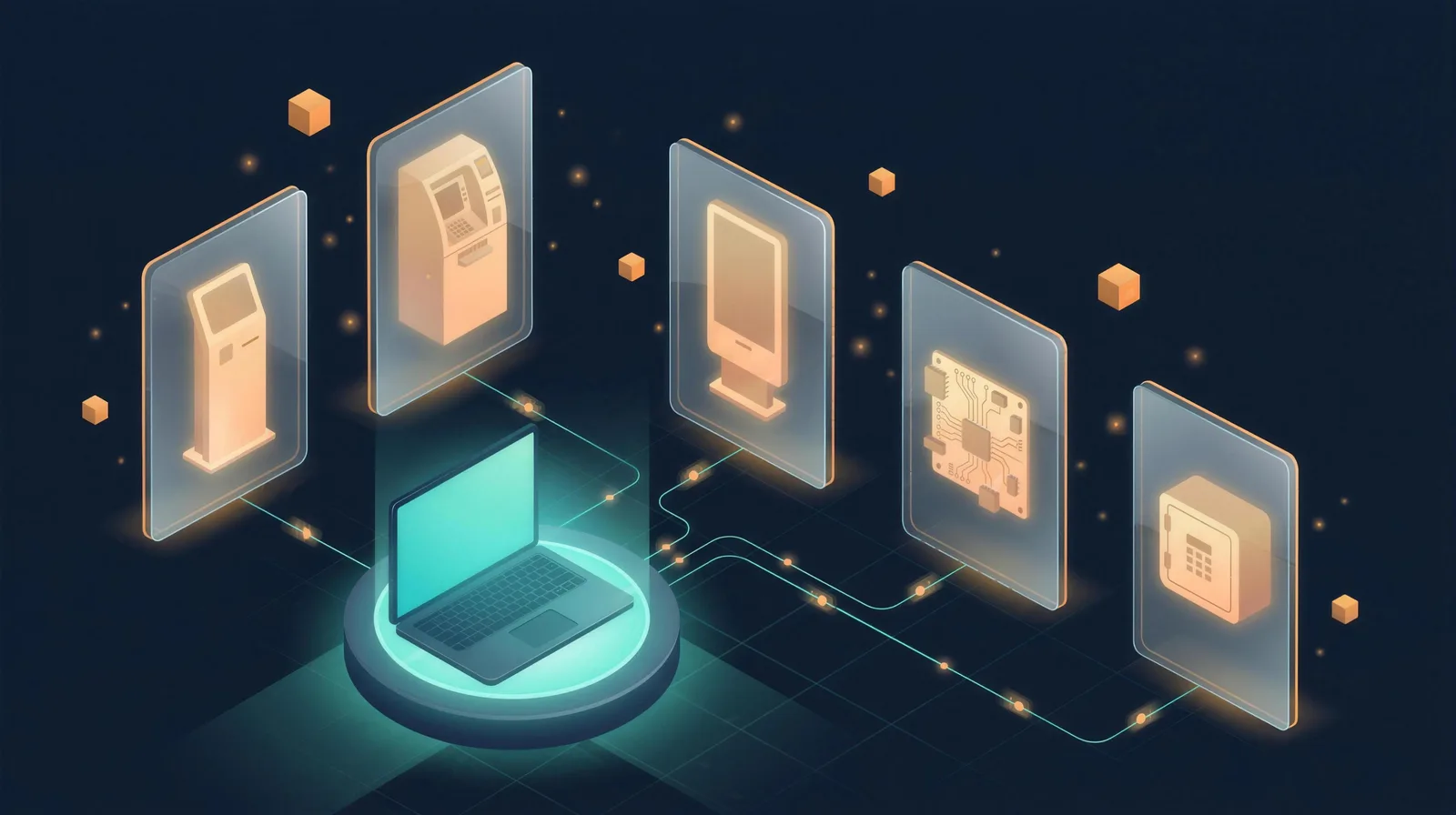 An operator's laptop at the center of a glowing network commanding a fleet of field devices: kiosks, cash machines, signage, boards, and safes