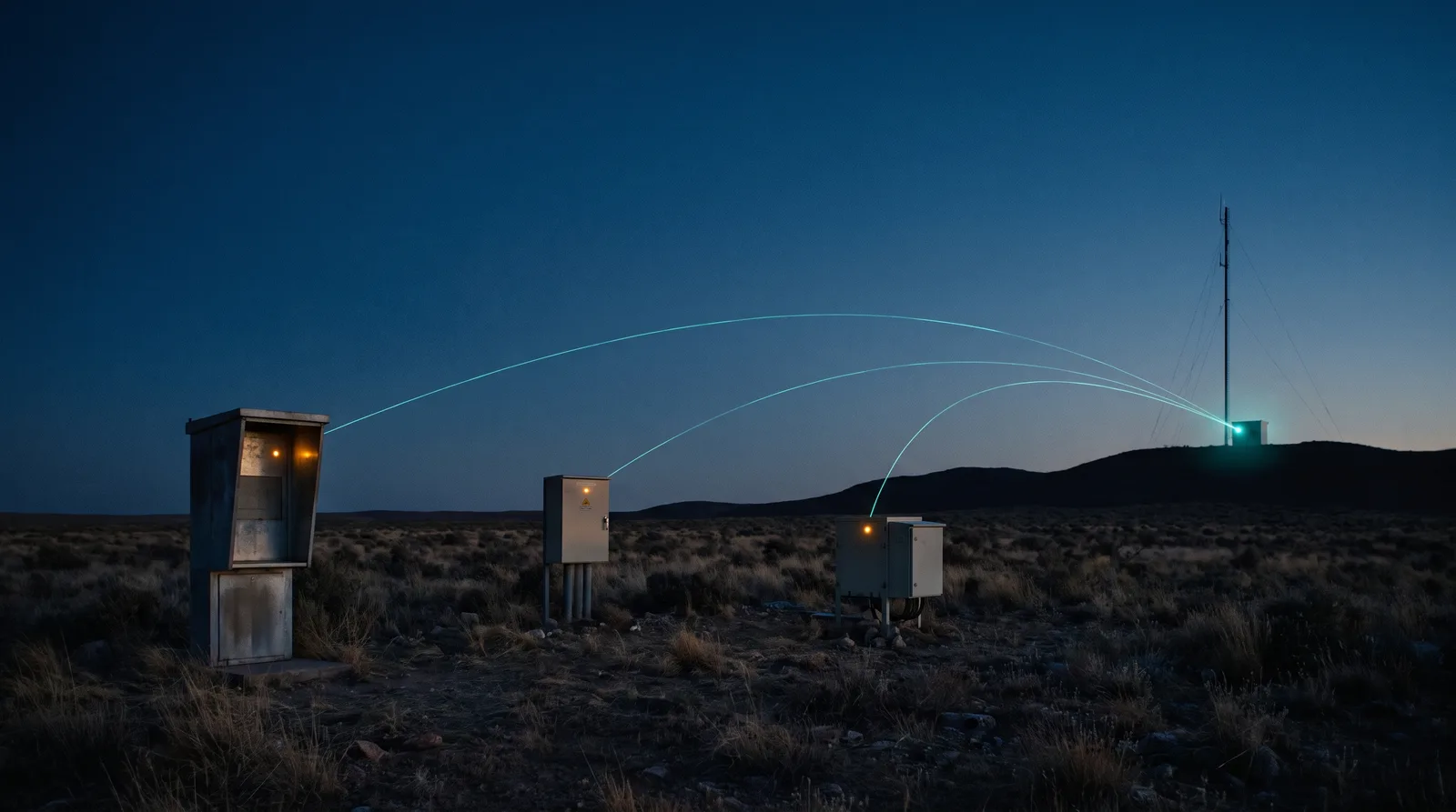Field equipment at dusk linked by threads of light to a distant radio hub on a hill